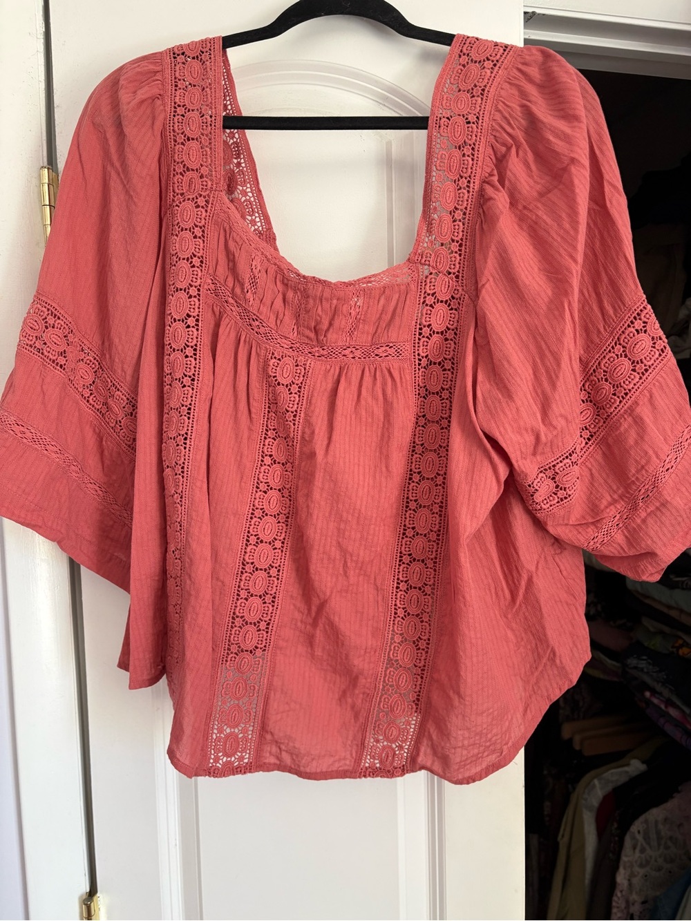 Torrid Boho Crochet-Trim Blouse in Coral Pink